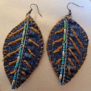 Artisan Denim Leaf Earrings with Bead Details